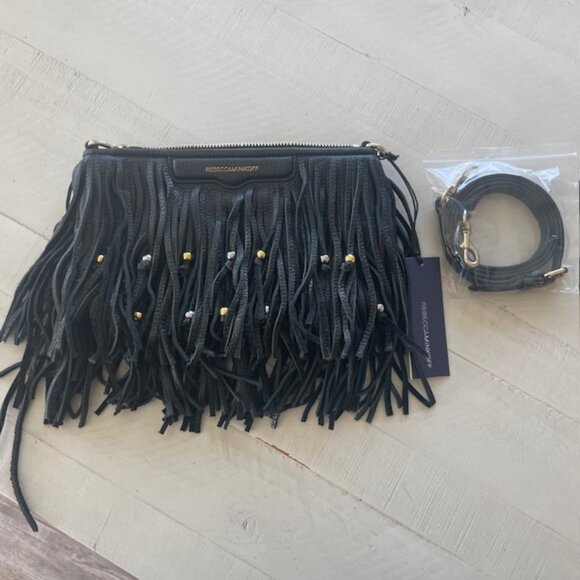 REBECCA MINKOFF FINN BEADED FRINGED CROSSBODY BLACK NWT - Picture 2 of 10